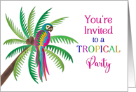 Invitation Tropical Party Colorful Tropical Parrot Perched on Palm Tre card