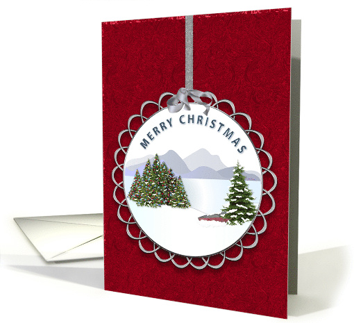 Christmas Winter Snow Scene Decorated Trees Lake Mountains card