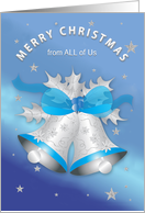 Christmas From All of Us Silver Bells Blue Ribbon Stars gradient Blue card