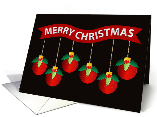 Christmas Red Banner with Hanging Red Ornaments with Holly Leaves card