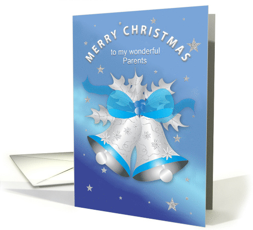 Christmas Parents, Silver Decorated Bells with Blue Ribbon card