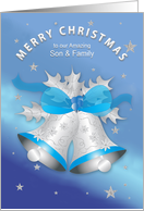 Christmas Son and Family, Silver Decorated Bells with Blue Ribbon card
