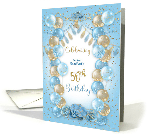 50th Birthday Party Invitation Blue and Gold Balloons Name Insert card