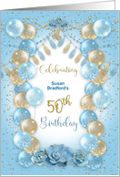 50th Birthday Party Invitation Blue and Gold Balloons Name Insert card