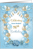 90th Birthday Party Invitation Blue and Gold Balloons Name Insert card
