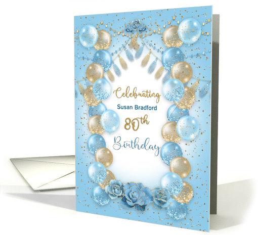 80th Birthday Party Invitation Blue and Gold Balloons Name Insert card