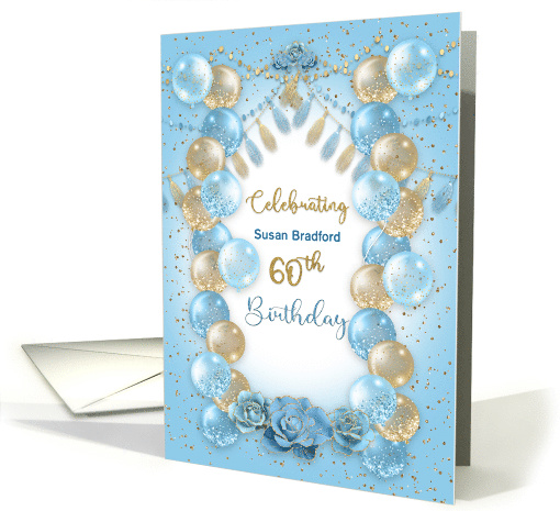 60th Birthday Party Invitation Blue and Gold Balloons Name Insert card