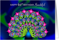 Birthday 60th Beautiful Abstract Peacock Many Bright Colors card