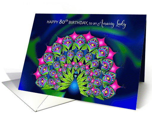 Birthday 80th Beautiful Abstract Peacock Many Bright Colors card