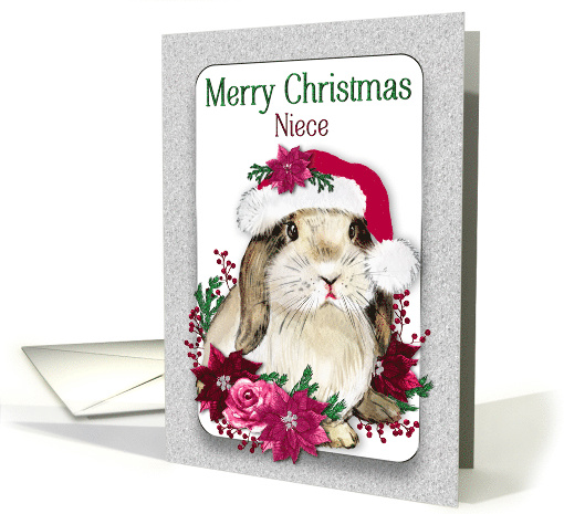 Christmas NIECE Bunny Santa Hat Poinsettias Berries card (1743088)