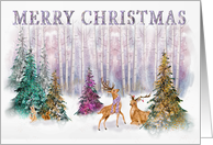 Christmas Deers and Wildlife by Faux Glitter Trees in Forest card