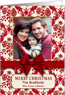 Christmas Gift Red Brocade Like Pattern Faux Ribbon Bow Photo Insert card