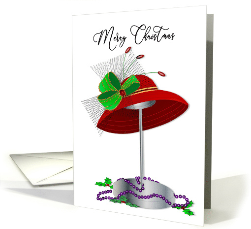 Christmas Red Hat Lady Red Hat on Hat Stand Purple Beads Holly card