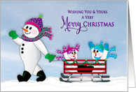 Christmas You and Yours Snowman Family Riding on Wagon Sleigh in Snow card