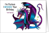 Belated Birthday Fierce Dragon deep Purples and Blues card