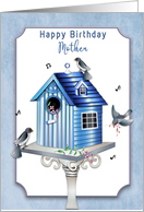Birthday Mother Victorian Birdhouse and birds in Shades of Blue card