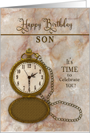 Birthday Son Vintage Pocket Faux Gold Watch and Chain card