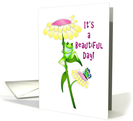 Thinking of You Happy Frog Seated on Daisy Like Flower Leaf card
