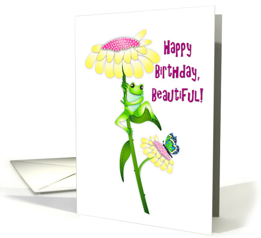 Birthday Beautiful Happy Frog Seated on Daisy Like Flower Leaf card