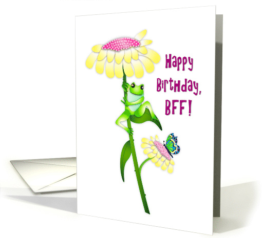 Birthday Friend BFF Happy Frog Seated on Daisy Like Flower Leaf card