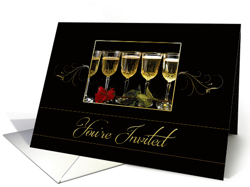 Party Invitation - Wine Glasses, Red Rose, Gold Text card (331428)