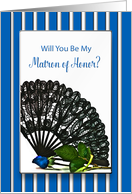 Bridal Party Invitation, Matron Of Honor, Black Lace Fan, Blue Stripes card