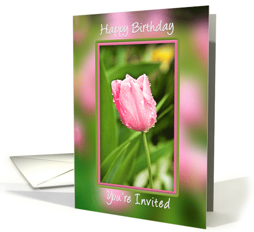 Invitation, Pink Tulip in Garden with Waterdrops after Rainfall card
