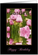Birthday ,Garden, Garden of Pink Tulips with Reflectons in Water card