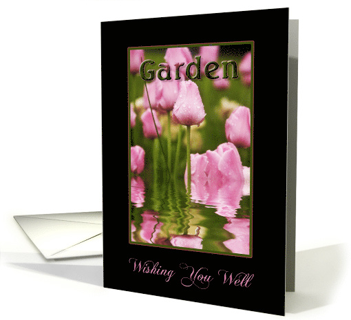 Wishing You Well, Garden of Pink Tulips and Reflections, Get Well card