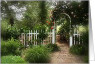 Dreamy Garden with picket fence and trellis covered in roses. Blank card