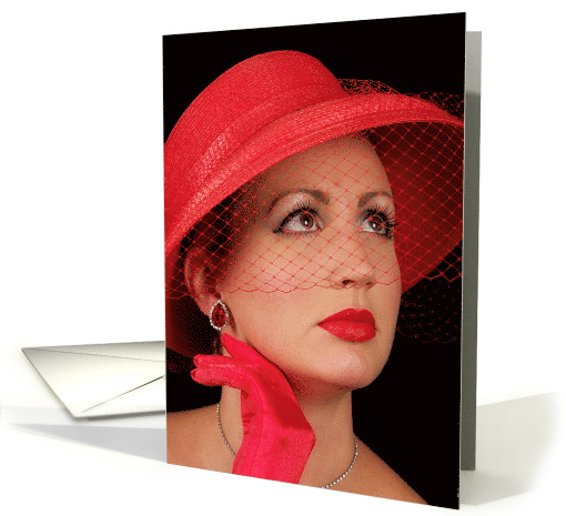 Retro lady wearing red hat isolated on black, blank inside card