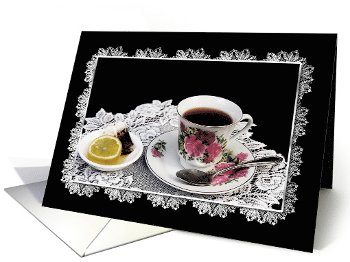 Tea in Pink Floral Cup on Lace Doily. Blank Inside card (529048)