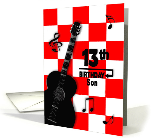 Birthday 13th,Son Black Acustic Guitar on Red and White Squares card
