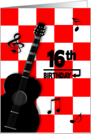 16th Birthday Party Invitation, Black Acoustic Guitar on Red and White card