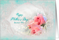 Mother’s Day, Secret Pal, Delicate Pink Roses on Soft Aqua Background card