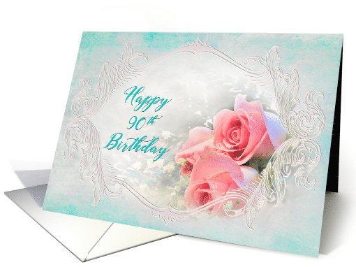 Birthday 90th, Dreamy and Delicate Pink Roses within Fancy Frame card