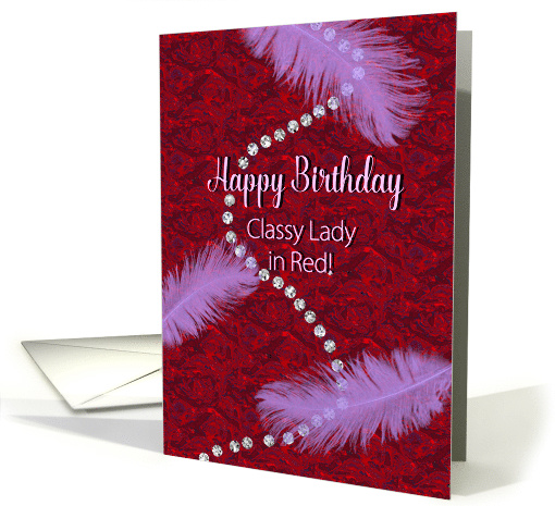 Birthday, Classy Lady in Red, Purple Feathers and Faux Diamonds card