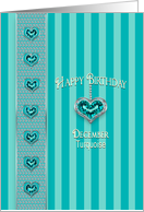 Birthstone, December, Turquoise, Hanging Heart with Faux Jewels card