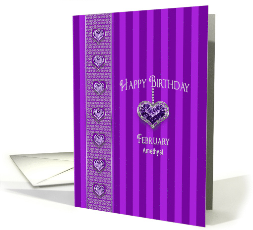 Birthstone, February, Amethyst, Hanging Heart with Faux Jewels card