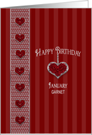 Birthstone, January, Garnet, Hanging Heart with Faux Jewels card