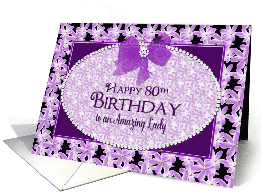 Birthday,80th, Purple Flowers with Beaded Oval and Bow for a Lady card