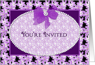 Invitation, Delicate Purple Flowers with Beaded Oval and Bow card