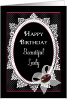 Birthday,Beautiful Lady, Victorian Flare with Bow and Gem on Black card