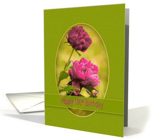 Birthday, 100th, PInk Peony Flowers within Green Oval Frame card