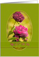 Birthday, 90th, Pink Peony flowers Inside Green Oval Frame with Ribbon card