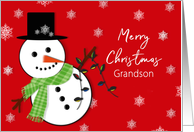 Christmas, Grandson, Cute Snowman Hanging Christmas Lights, Snowing card