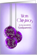 Christmas, Godparents, Three Ornane Purple Decorated Hanging Balls card