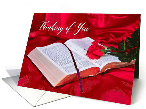Thinking of You , Religious, Bible Opened with Red Rose on... (746238)