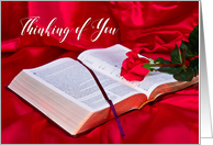 Thinking of You , Religious, Bible Opened with Red Rose on Silk,Blank card