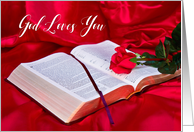 God Loves You, Encourage, Religious, Bible with Red Rose on Red Silk card